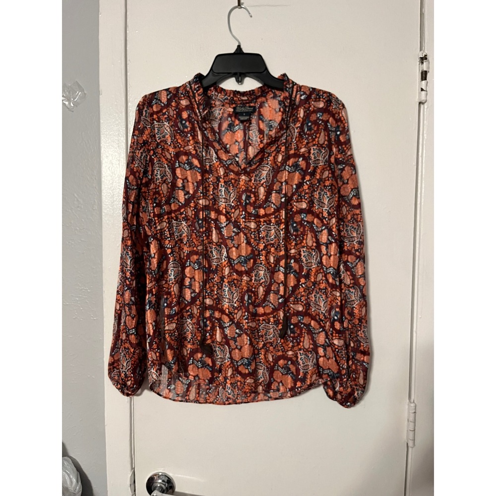 Lucky Brand Womens Small Orange Paisley Floral Boho Tassel Ruffle Neck Blouse